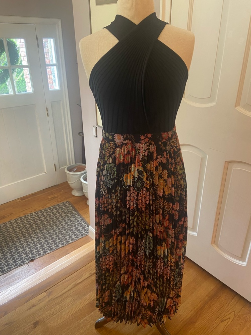 Ted Baker Black One-Shoulder Pleated Bodice with Floral Midi Skirt